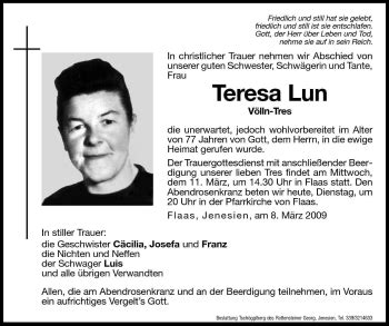 Traueranzeigen Von Teresa Lun Trauer Bz