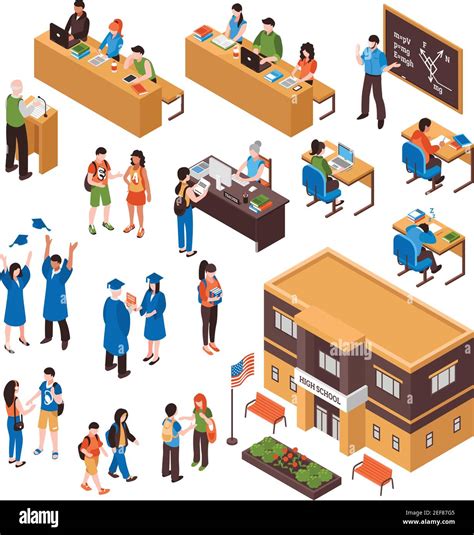 Isometric Set Of Students And Teachers In High School And University On