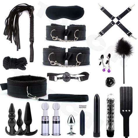 Kit BDSM jeu de Bondage menottes pinces à tétons fouet Plug Anal