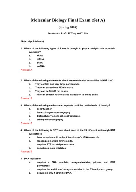 Molecular Biology Final Exam Set A