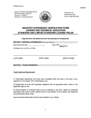 Fillable Online Industry Experience Verification Form CTE 3014 Fax