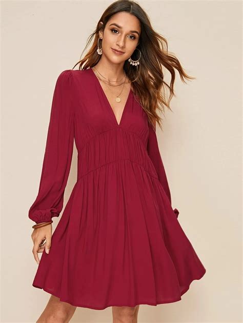 Solid Plunge Neck Smock Dress Shein Usa Smock Dress Dresses Hot Dress