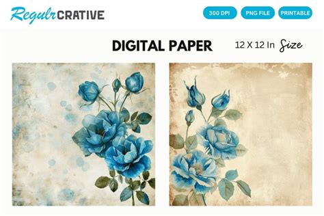 Vintage Watercolor Blue Rose Digital Paper