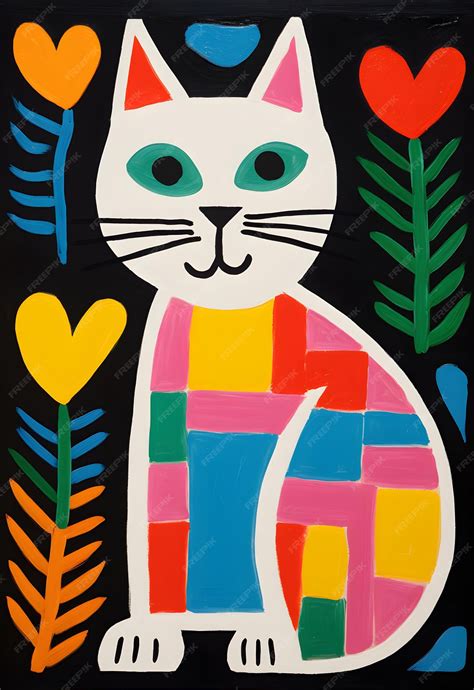 Premium Ai Image Colorful Rainbow Cat With Flowers Cubism Painting Canvas