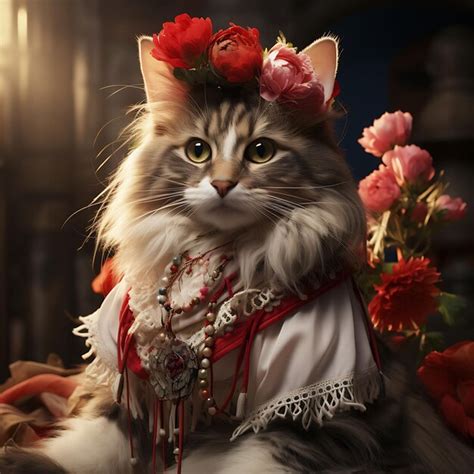 Porträt einer maine coon katze verkleidet als frida kahlo für das