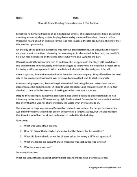 Reading Comprehension Worksheets Eleventh Grade Reading Comprehension