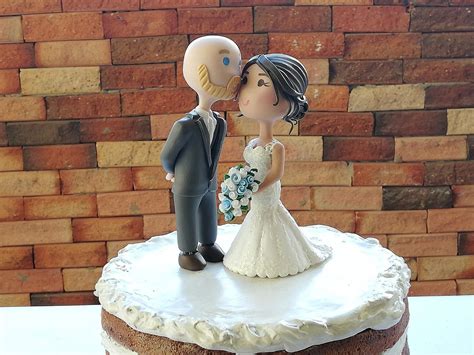 Personalised Wedding Cake Topper Bald Groom Gray Suit No Tie Blonde