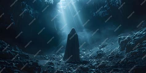 Premium Photo Enigmatic Figure In Cloak Overlooks Desolate Underworld