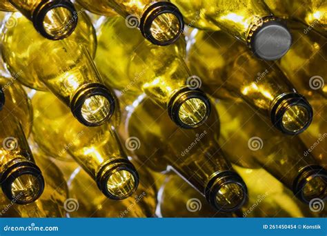 Yellow Glass Empty Beer Bottles Lie In Rowsglass Beer Bottles Lie In Rows Necks On Camera