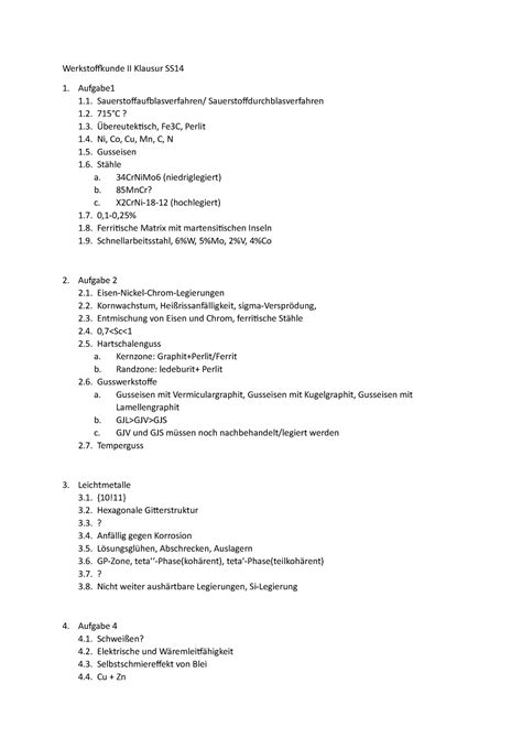 Klausur SS14 Antworten Werkstoffkunde II Klausur SS Aufgabe