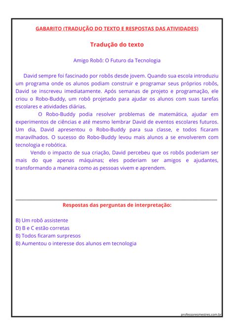 Pequenos Textos Em Inglês Para Interpretação Com Gabarito 7º Ano