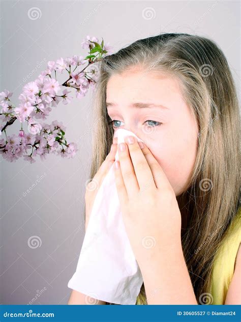 Girl Blows Her Nose With Handkerchief Cherry Blossoms Stock Image Image Of Blonde Medical