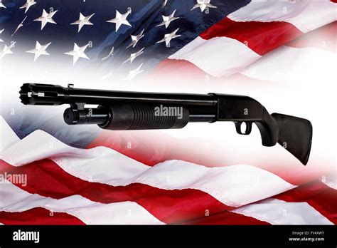 Shotgun Police Pump Action Made in USA on American Flag concept freedom ...