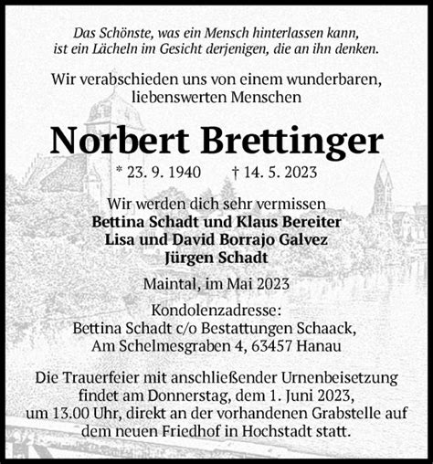 Traueranzeigen Von Norbert Brettinger Trauer Op Online De