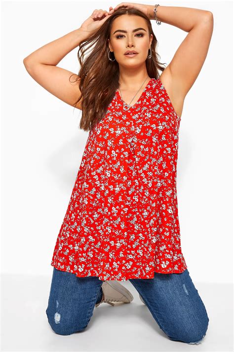 Red Ditsy Floral Swing Vest Top Yours Clothing