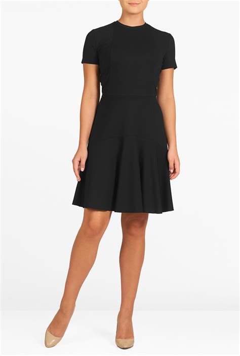 Above Knee Length Dresses Black Dresses Crew Neck Dresses Flounce