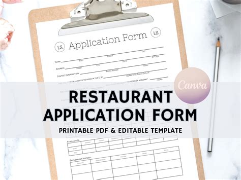 Restaurant Application Form Editable Application Template Application Form Instant Download