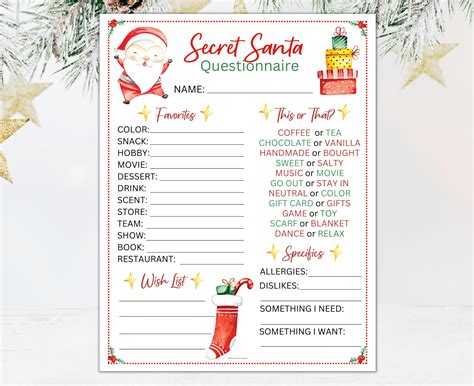 Secret Santa Questionnaire Secret Santa Survey Printable Etsy