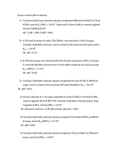 Esame Pratico Esercizi Calcolo Ph Di Soluzioni Chimica Esercizi