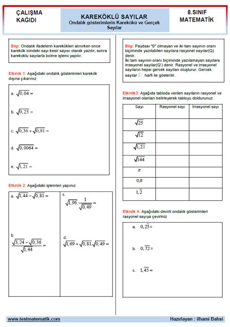 Ondalik Sayilarin Karek K Ve Ger Ek Sayilar Ali Ma Ka Idi Test