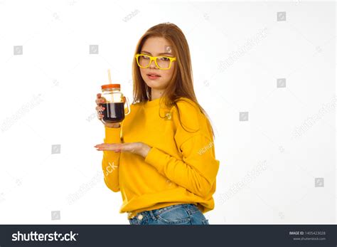 Woman Glasses Holding Cocacola Drink On Stock Photo 1405423028