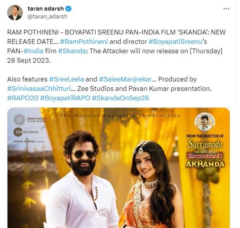 Release Date For Ram Pothineni Sreeleela S Skanda Changed Theprint