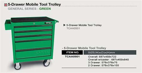 TOPTUL TCAA0501 5 Drawer Mobile Tool Trolley GENERAL SERIES GREEN