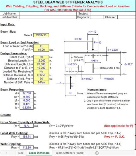 Steel Beam Web Stiffener Analysis Spreadsheet