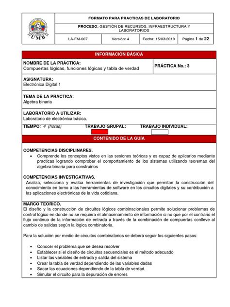 Guia 3 Compuertas Lógicas Funciones Lógicas Y Tabla De Verdad Pdf