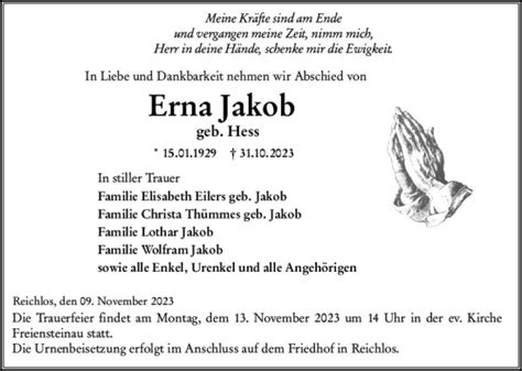 Traueranzeigen Von Erna Jakob Vrm Trauer De