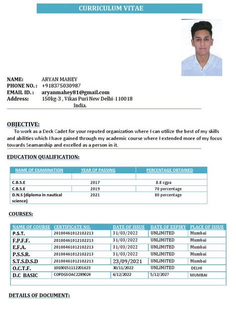 Deck Cadet Aryan Cv Pdf