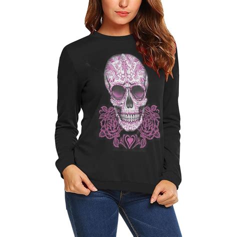 Pink Rose And Skull Printed Womens Sweatshirt Sweatshirts Women