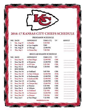 Printable 2016-2017 Kansas City Chiefs Schedule