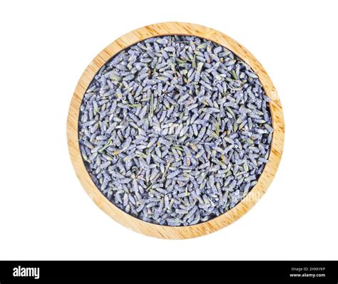 Dry Lavender Flowers In Wooden Bowl Isolated On White Background Save