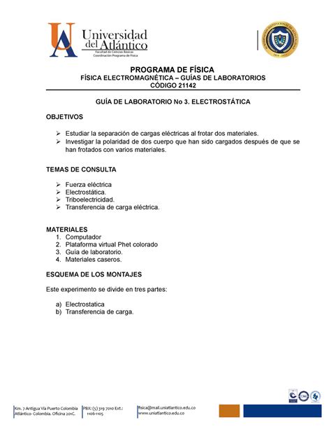 Gu A De Laboratorio No Electrost Tica Programa De F Sica F Sica