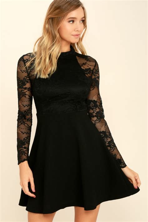 Lovely Black Lace Dress Long Sleeve Lace Dress Skater Dress 5800 Lulus