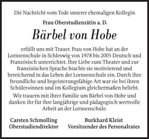 Traueranzeigen von Bärbel von Hobe sh z Trauer