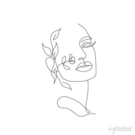 Woman Face With Flowers Line Art Drawing Continuous One Line • Wall