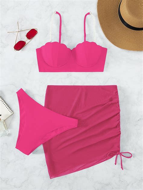 Conjunto De Bikini Adornado Con Perlas Push Up Shell Bra Bottom Bikini Falda Playa Traje De