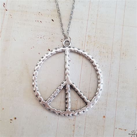 Big Silver Peace Necklace Large Peace Sign Pendant Statement Etsy