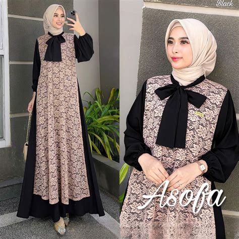 Jual Vallina Outfit Asofa Maxy Dress Brokat Kerah Pita Gamis Muslim