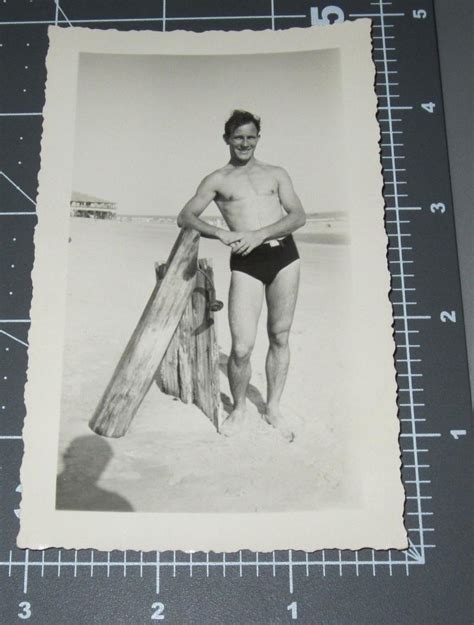 Handsome Beefcake Muscle Man Swimsuit Beach Bulge Shirtless Vintage Gay Photo