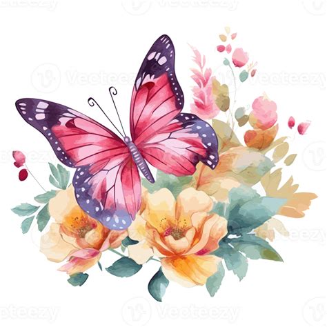 Watercolor Butterfly And Bouquets Spring Flowers 23743543 Png