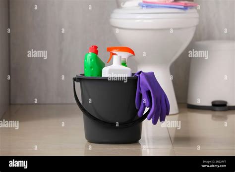 Different Toilet Cleaning Supplies On Floor Indoors Stock Photo Alamy