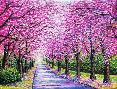 Original Painting Path Of Cherry Blossoms Canvas Wall Art Etsy