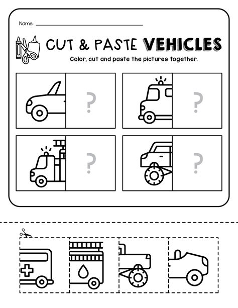 Creative Cut And Paste Worksheets To Learn About Vehicles Made By