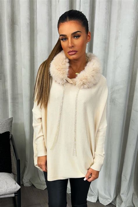 Womens Knitted Jumper With Faux Fur Hood Beige Uk