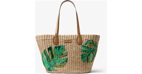 Michael Kors Malibu Palm Embroidered Woven Straw Tote Bag Lyst Uk