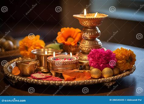 Decorated Pooja Thali For Greetings On Indian Hindu Festival Happy