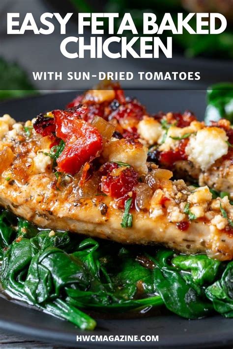 Easy Feta Baked Chicken With Sun Dried Tomatoes And Spinach On A Black Plate